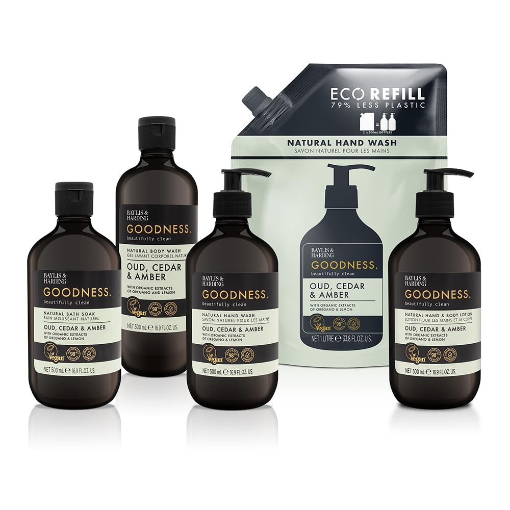 Baylis & Harding Goodness Oud, Cedar & Amber Hand Wash 1 Litre Pouch Refill (Pack of 4) - Vegan Friendly