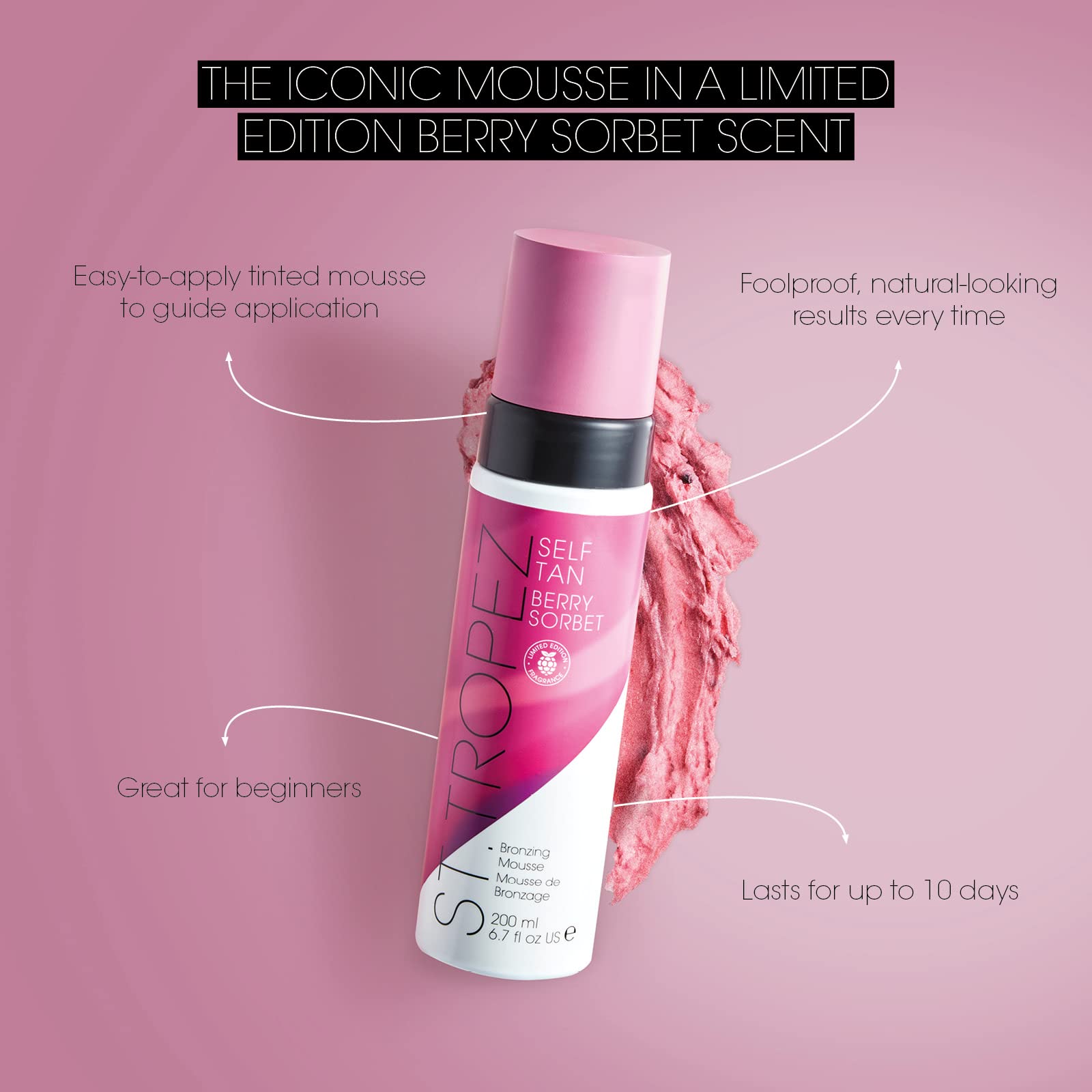 St.Tropez Self Tan Berry Sorbet Mousse, Berry Scented Fake Tan, Long Lasting Sunkissed Glow with Vitamin E, Vegan, Natural & Cruelty Free, 200 ml