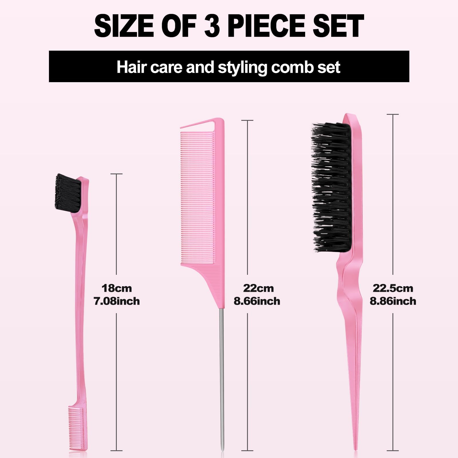 Soodyoow Hair Brush Set with Rat Tail Comb, Double Sided Edges Brush, Bristle Hair Brush for Women Baby Children, Pink