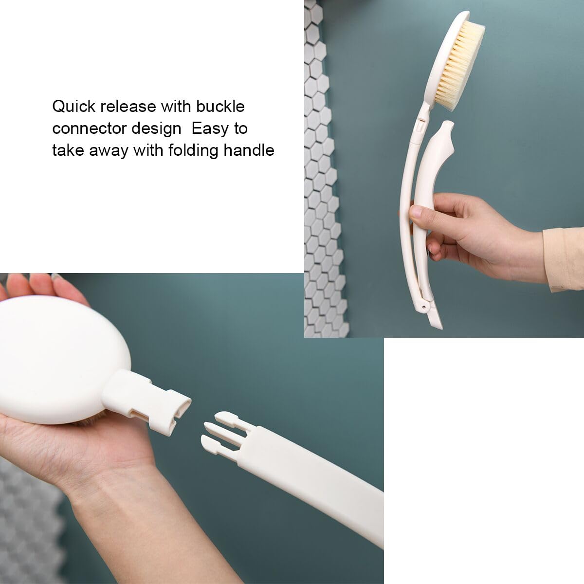 LFJ Bath Brush, 3 in 1 Foldable Long Handle Body Back Scrubber with Brush Sponge Pumice Head for Shower, Exfoliating or Dry Skin Brushing