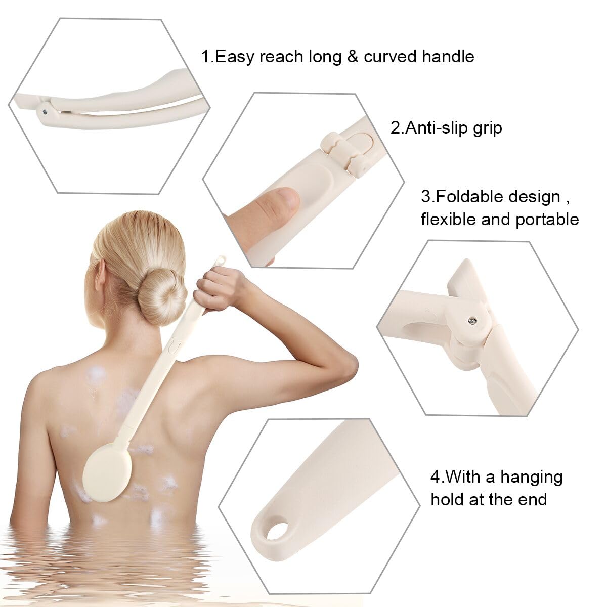 LFJ Bath Brush, 3 in 1 Foldable Long Handle Body Back Scrubber with Brush Sponge Pumice Head for Shower, Exfoliating or Dry Skin Brushing