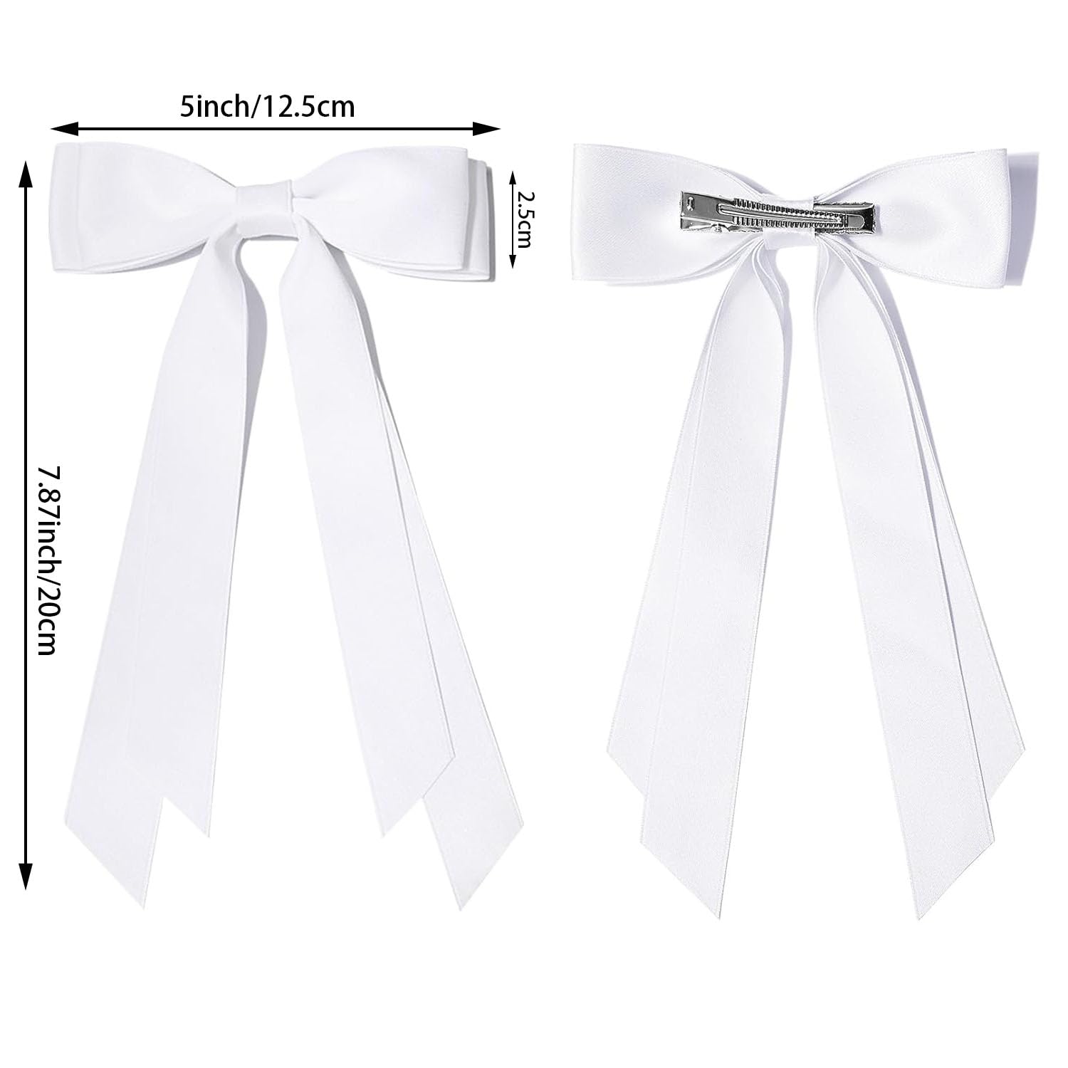 2 Pack Ribbon Bows for Hair, White Bow Hair Clips with Long Tails Hair Ribbons for Girls Women (White)