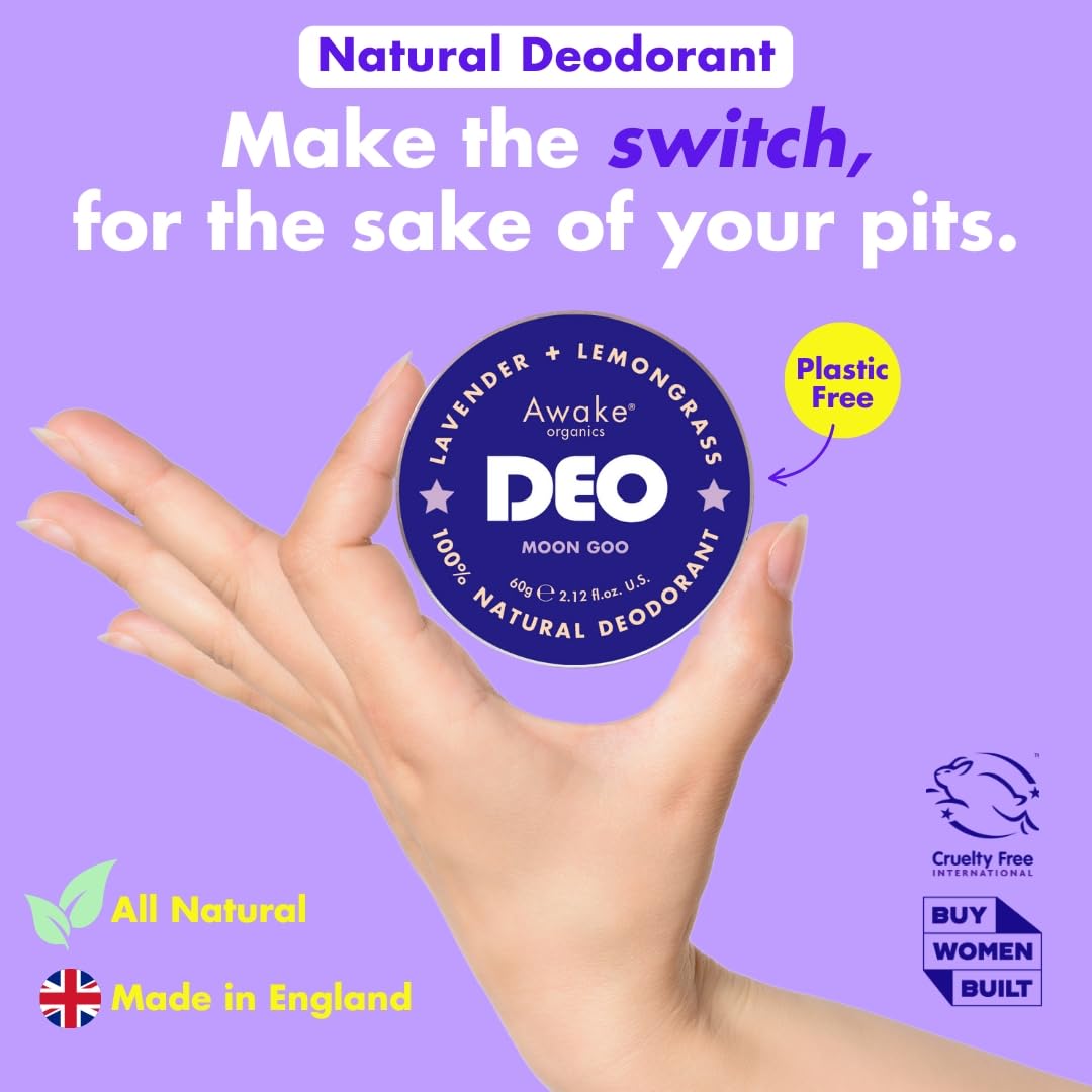 Awake Organics Natural Deodorant Balm - Moon Goo, 60g. Extra Strength. Lavender + Lemongrass. No Aluminium, Plastic Free, Cruelty Free. With Bicarb (Baking Soda) & Beeswax. Made in England.