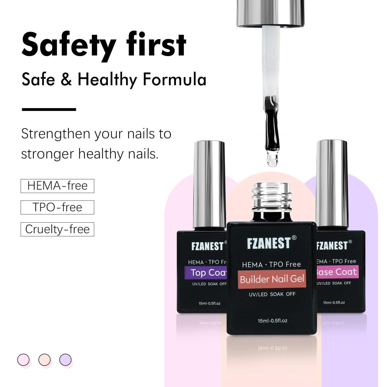 FZANEST Builder Nail Gel With Top and Base Coat HEMA Free, 15ml * 3pcs Gel Polish Kit for Nail Thickening Apex Extension Soak Off No Wipe Top Finish Base LED Lamp Cured