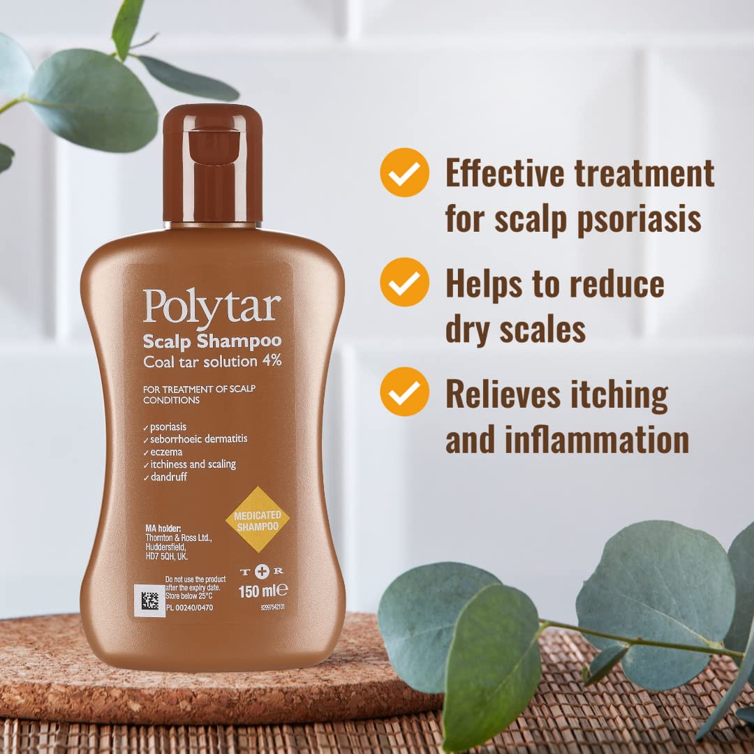 Polytar Scalp Shampoo, For Scalp Conditions, Reduces Itching, Inflammation and Scales, Shampoo Treats Psoriasis, Seborrhoeic Dermatitis, Eczema and Dandruff, Contains Coal Tar Solution, 1 x 150ml