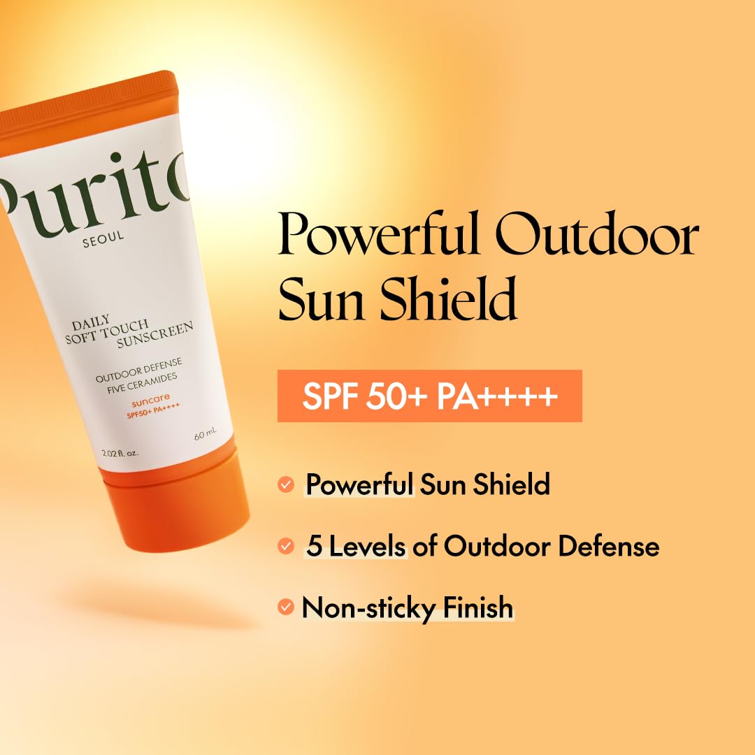 PURITO SEOUL Daily Soft Touch Sunscreen, 60ml, SPF50+ PA++++, Ceramides, Non White Cast, Water-Resistant UVA & UVB Protection, K-Beauty