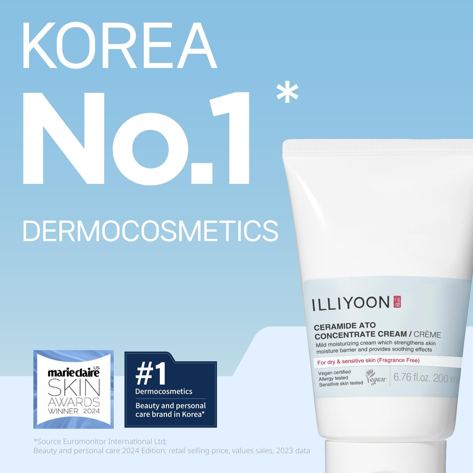 ILLIYOON Ceramide Ato Concentrate Cream (200ml, 6.76 Fl Oz) | Moisturizer for Dry&Sensitive Skin, 100hr Hydration, Restoring Skin Barrier | Gentle for Infants and Adults | Vegan | Fragrance Free