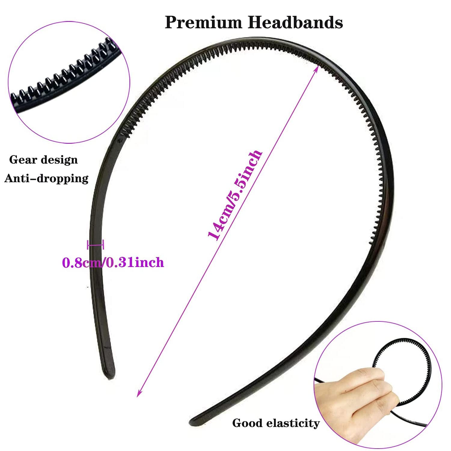 6 Pack Black Plastic Headbands for Women Girls Man,Black Hair Hoop with Teeth,Headband Hair Bands for Unisex (8mm Wide)