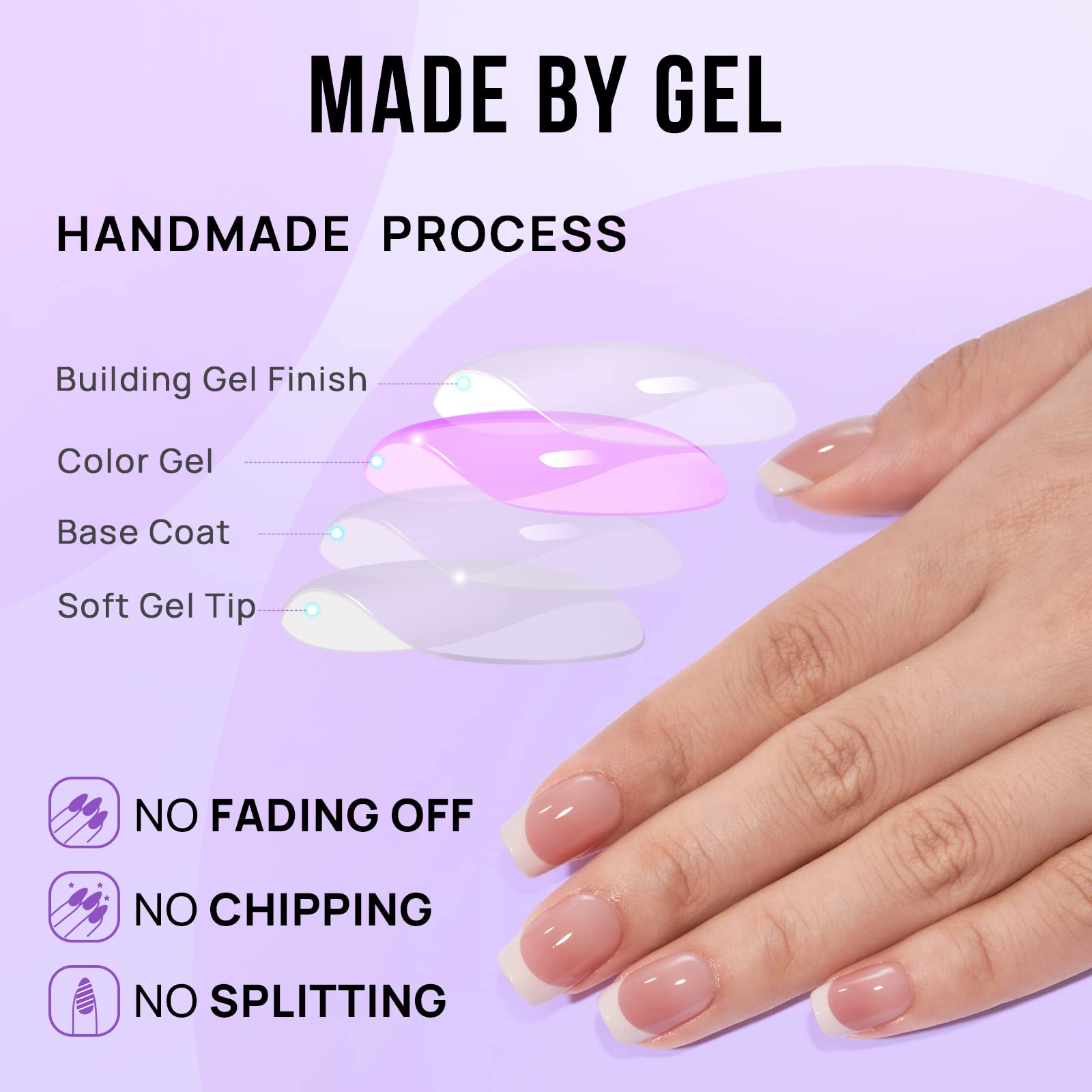 BTArtbox Stick On Nails Short - Square French Tip False Nails With Glue, 30Pcs Soft Gel Fake Nails in 15 Sizes, Reusable Semi-Transparent Glue On Nail for Women, French Girl