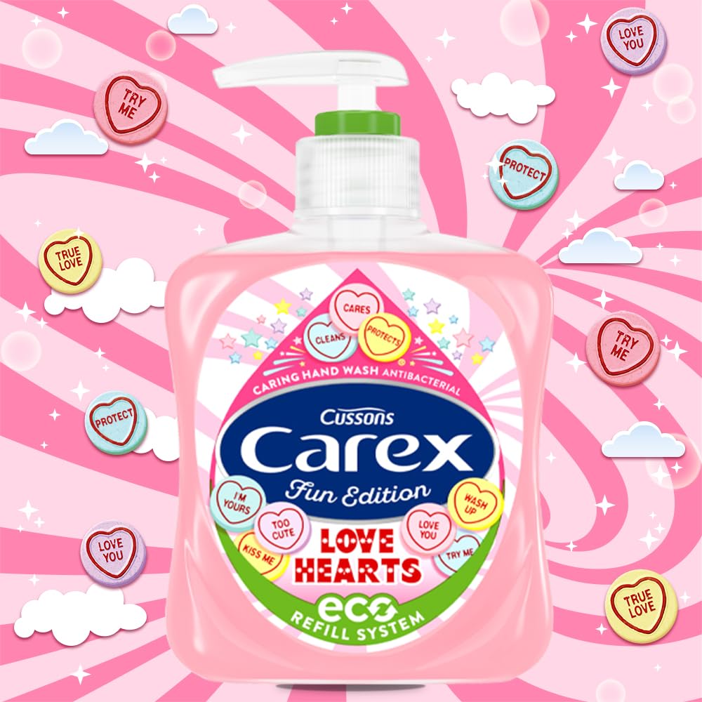 Carex Fun Editions Love Hearts Hand Wash Pack of 6, Antibacterial Hand Soap with Fun Edition Swizzles Love Hearts Fragrance, Soap that Cleans, Cares and Protects, 250ml