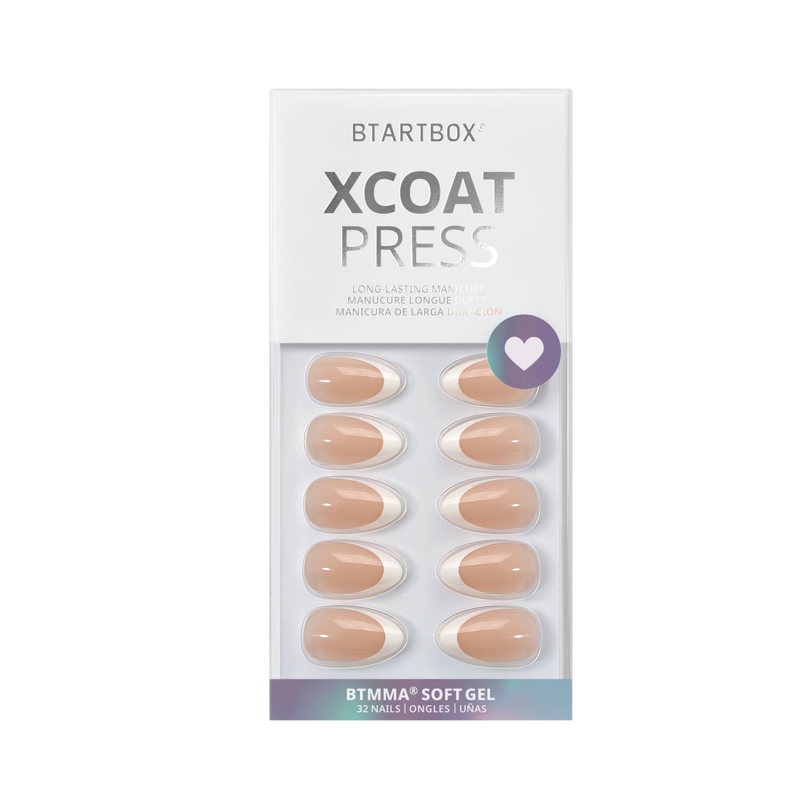 BTArtbox French Tip False Nails - Short Almond Press on Nails with Glue, 30Pcs Soft Gel Fake Nail in 15 Sizes, Reusable Semi-Transparent Stick on Nails for Women, White French