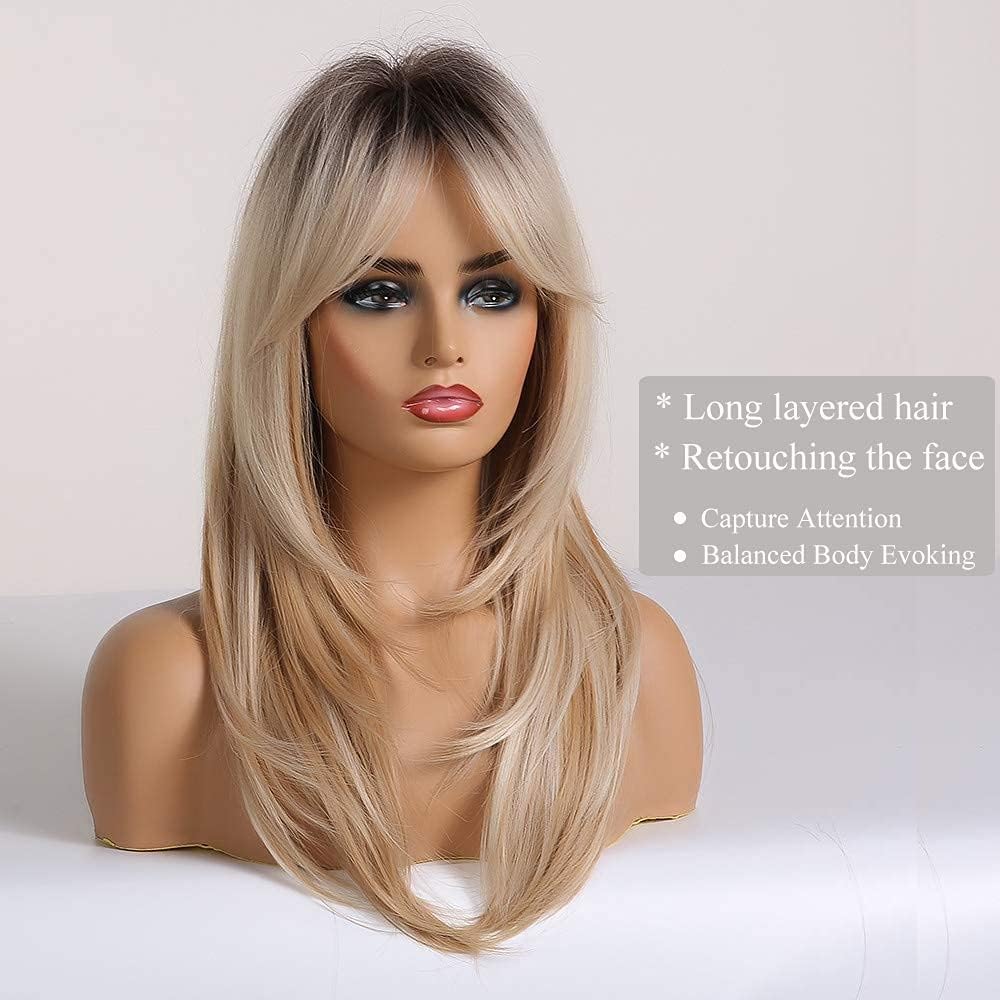 Esmee 20 Inches Long Straight Blonde Layered Synthetic Hair Wigs for Women with Dark Roots for Daily Party Use