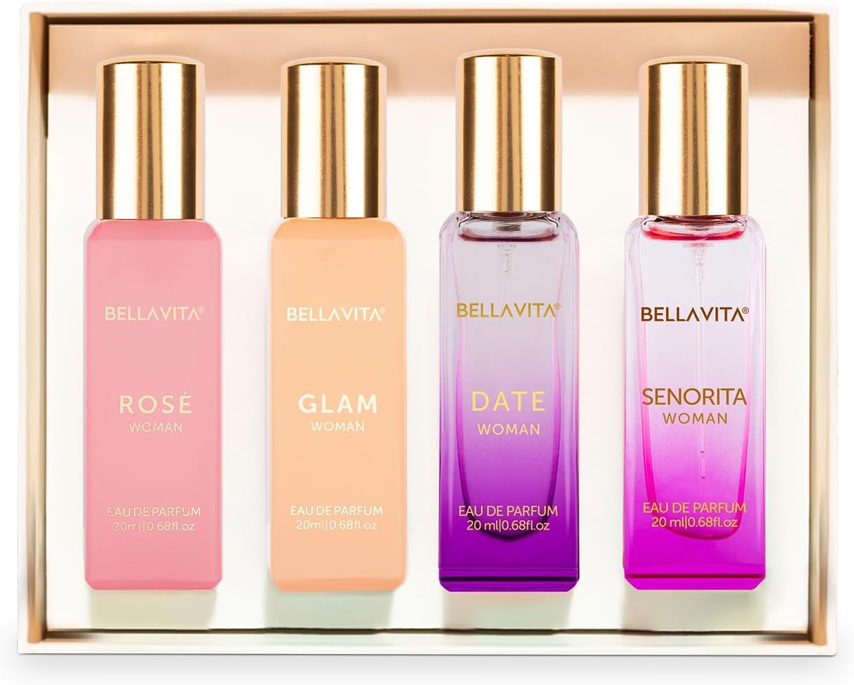 BellaVita Luxury Perfume Gift Set for Women (4x20ml) | DATE, SENORITA, GLAM, ROSE | Sweet Floral, Musk & Vanilla Perfumes | Sweet Cologne Perfume for Women | Women's Cologne & Perfume Gift Sets