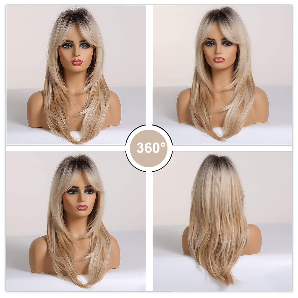 Esmee 20 Inches Long Straight Blonde Layered Synthetic Hair Wigs for Women with Dark Roots for Daily Party Use