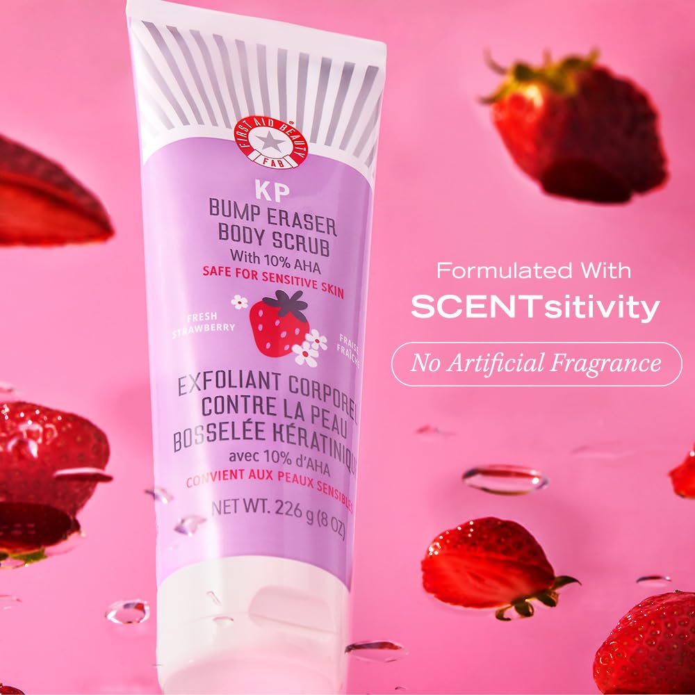 First Aid Beauty - KP Bump Eraser Body Scrub with 10% AHA, Keratosis Pilaris Exfoliater with Glycolic and Lactic acids, Helps Reduce Chicken Skin Bumps, Safe for Sensitive Skin, Strawberry Scent, 226g