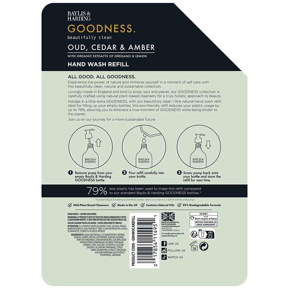 Baylis & Harding Goodness Oud, Cedar & Amber Hand Wash 1 Litre Pouch Refill (Pack of 4) - Vegan Friendly