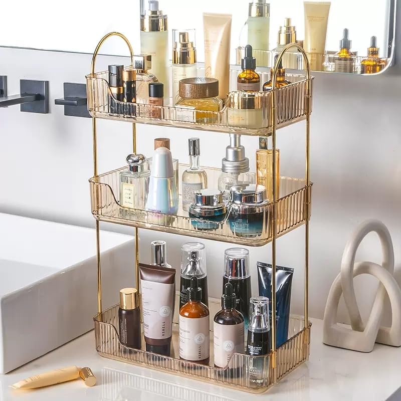 Bathroom Organiser Countertop, Vanity Trays for Bathroom, Skincare Makeup Organiser Shelf, Vanity Organiser, Bathroom Counter Shelf for Cosmetics, Toiletries, Lotions, Perfumes (3 Tiers, Amber)