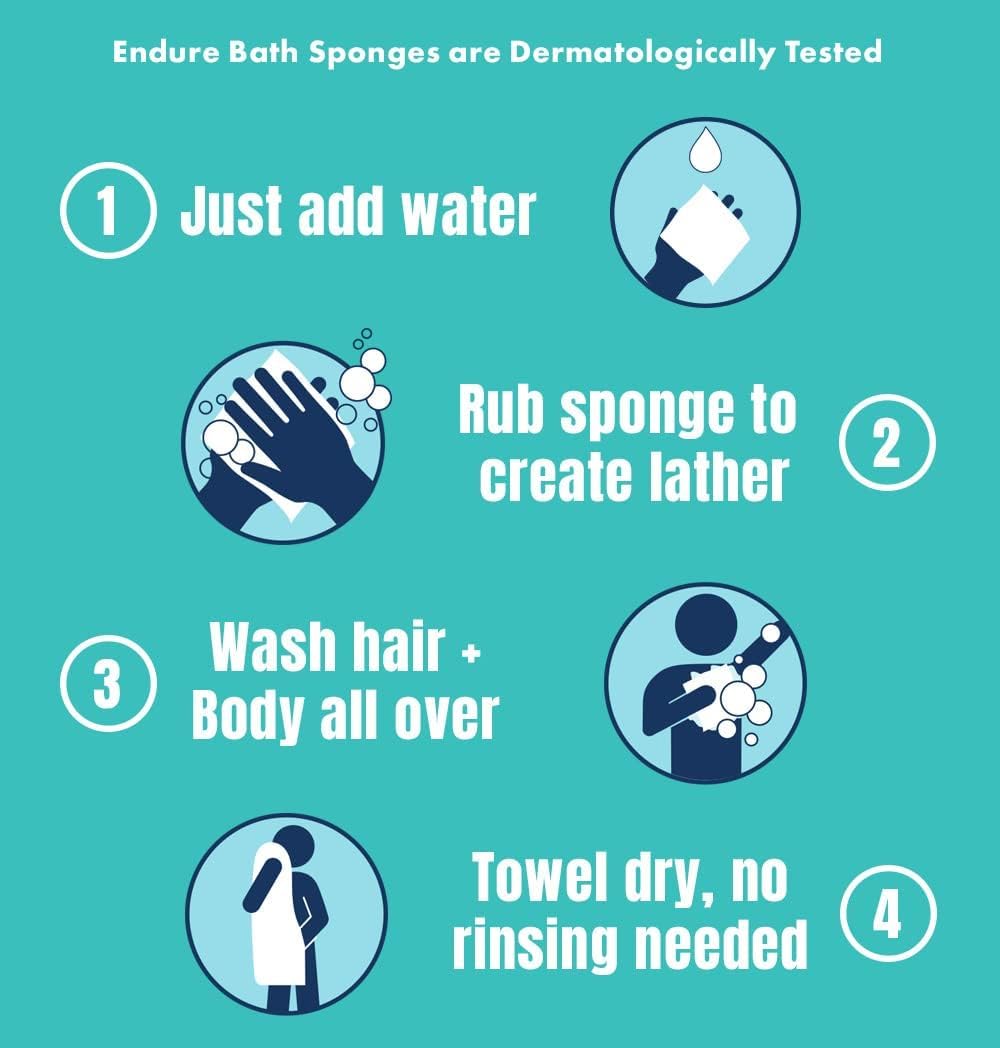 Endure Rinse Free Bath Shower Sponge - Body Wash Wipes for Bathing - Perfect for Camping, Festivals, Gym & Travel - Dry Wipes with Gentle Cleansing Soap. Just add Water. Twin Pack (25 Per Pack)