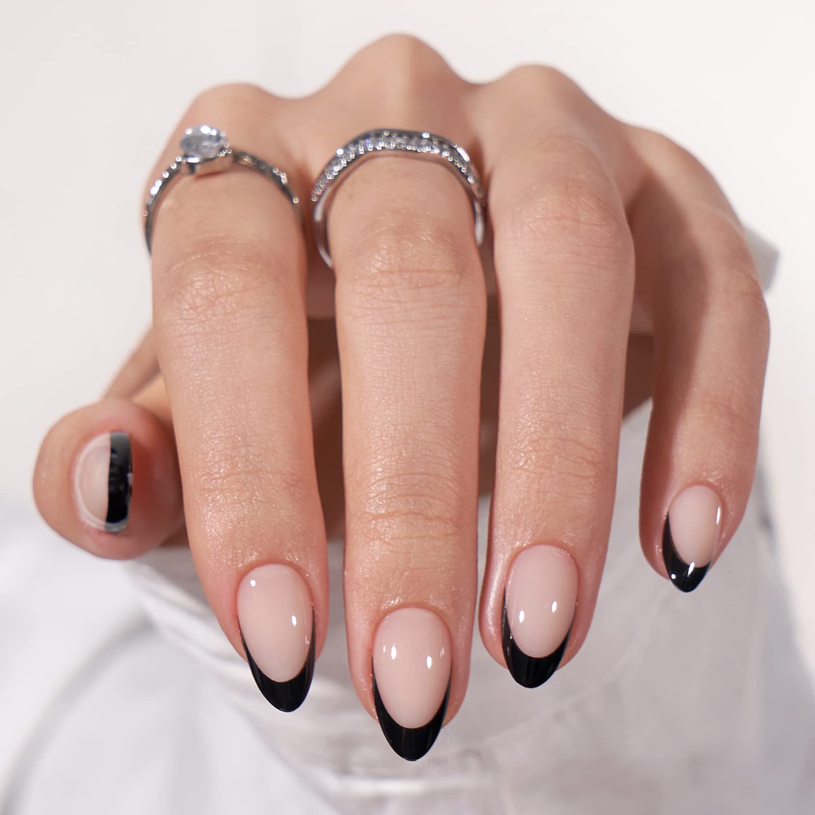 BTArtbox Stick On Nails French Tip - Short False Nails with Glue, 30 Pcs Almond Soft Gel Press on Nails, Reusable Semi Transparent Fake Nail for Women in 15 Sizes, Black French