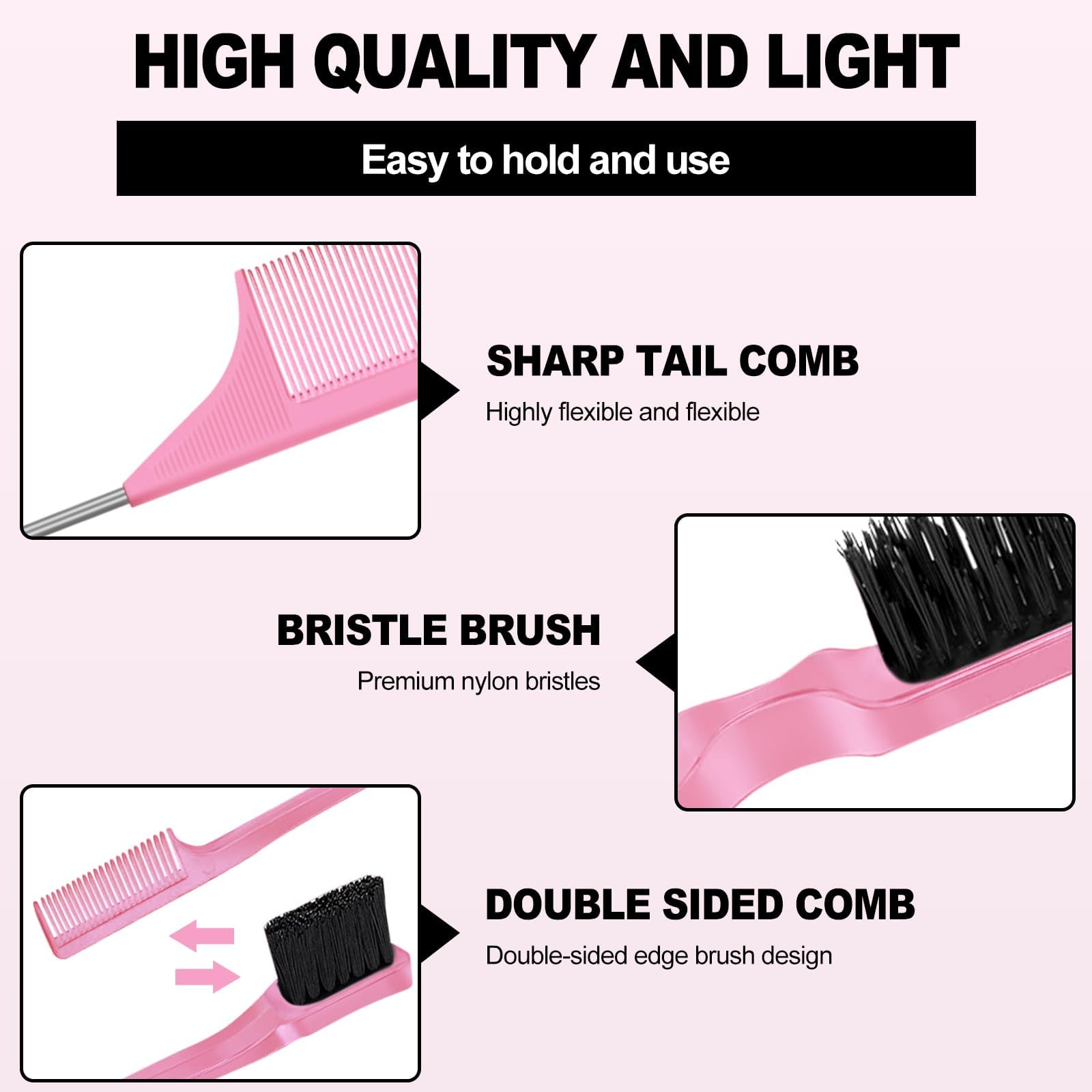 Soodyoow Hair Brush Set with Rat Tail Comb, Double Sided Edges Brush, Bristle Hair Brush for Women Baby Children, Pink