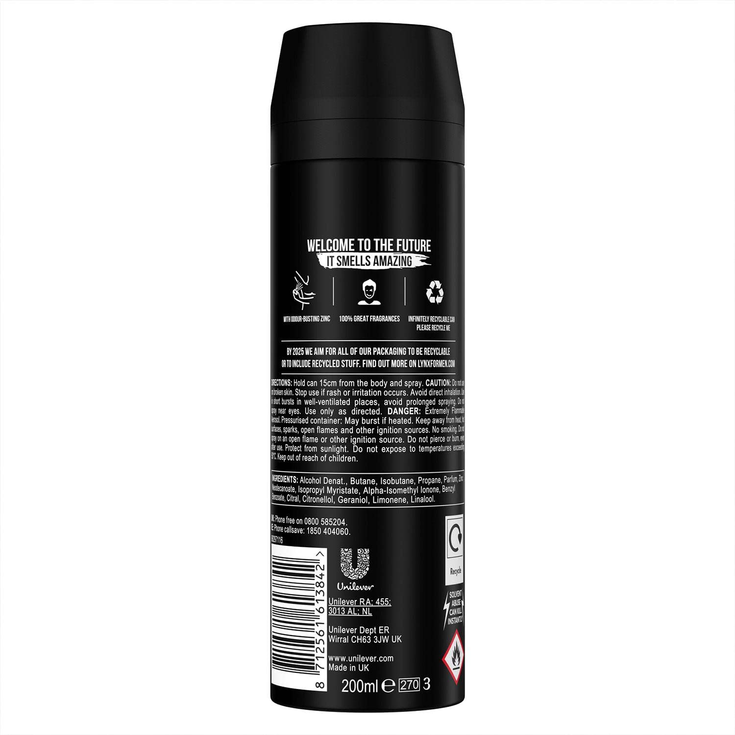 Lynx Pack of 6 XL Black 48 Hours High-Definition Fresh Frozen Pear & Cedarwood Scent Body Spray Deodorant with dual-action odor-busting zinc technology, 200ml