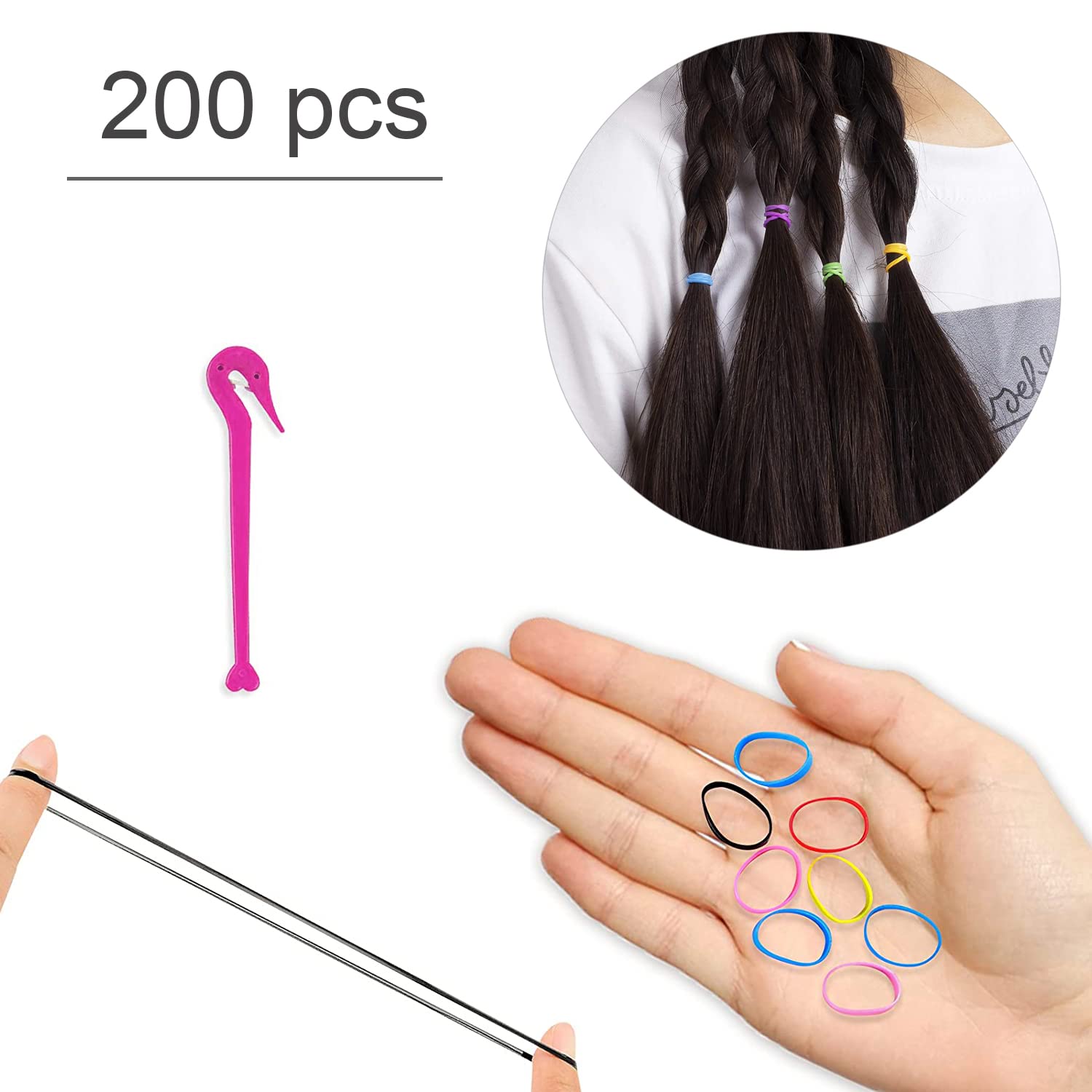 200 Pcs Mini Rubber Bands Soft Elastic Bands for Kid Hair Braids Hair,Soft Hair Elastics Ties Bands 2mm in Width and 30mm in Length (Multicolored)