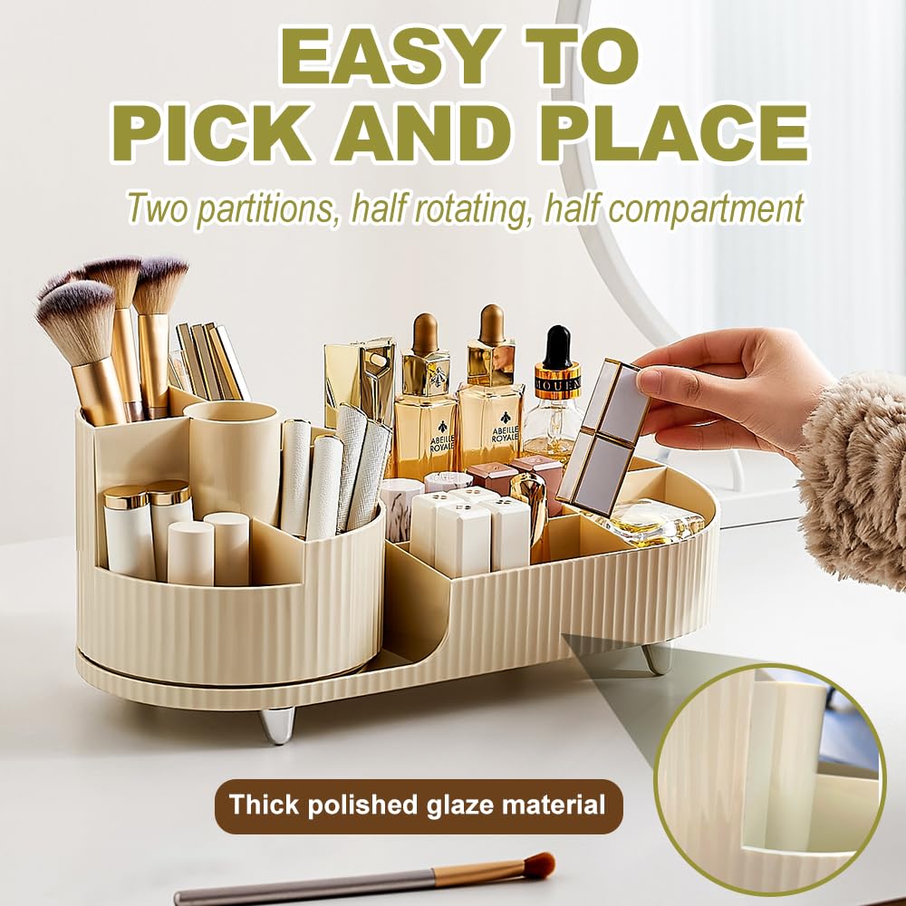 BULLA Makeup Organiser, 360 Rotating Makeup Organiser, Rotating Compartment 2 In 1 Cosmetic Storage, Makeup Organizer Storage Is Perfect for Dresser, Bathroom, Bedroom (Milky White)