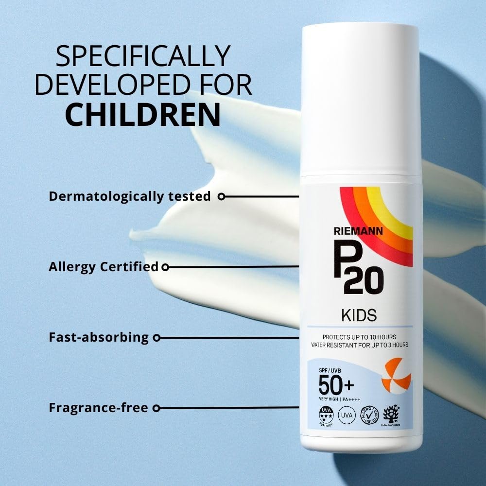 Riemann P20 Sun cream/lotion for Kids (+1 yr) SPF50+. All day long, Once a day, Hydrating, Absorbs Fast, Long lasting, 5*UVA & UVB, protects up to 10hrs, water resistant up to 3hrs, no Octocrylene.