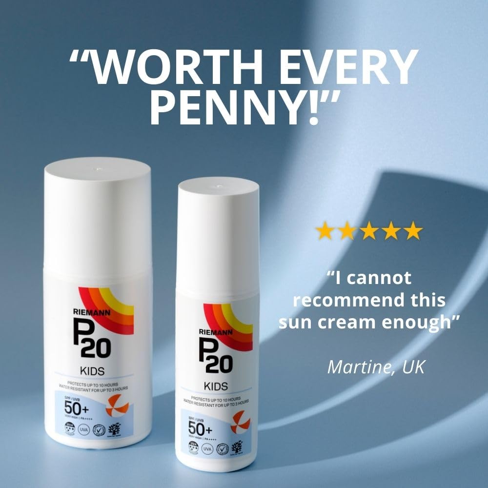 Riemann P20 Sun cream/lotion for Kids (+1 yr) SPF50+. All day long, Once a day, Hydrating, Absorbs Fast, Long lasting, 5*UVA & UVB, protects up to 10hrs, water resistant up to 3hrs, no Octocrylene.