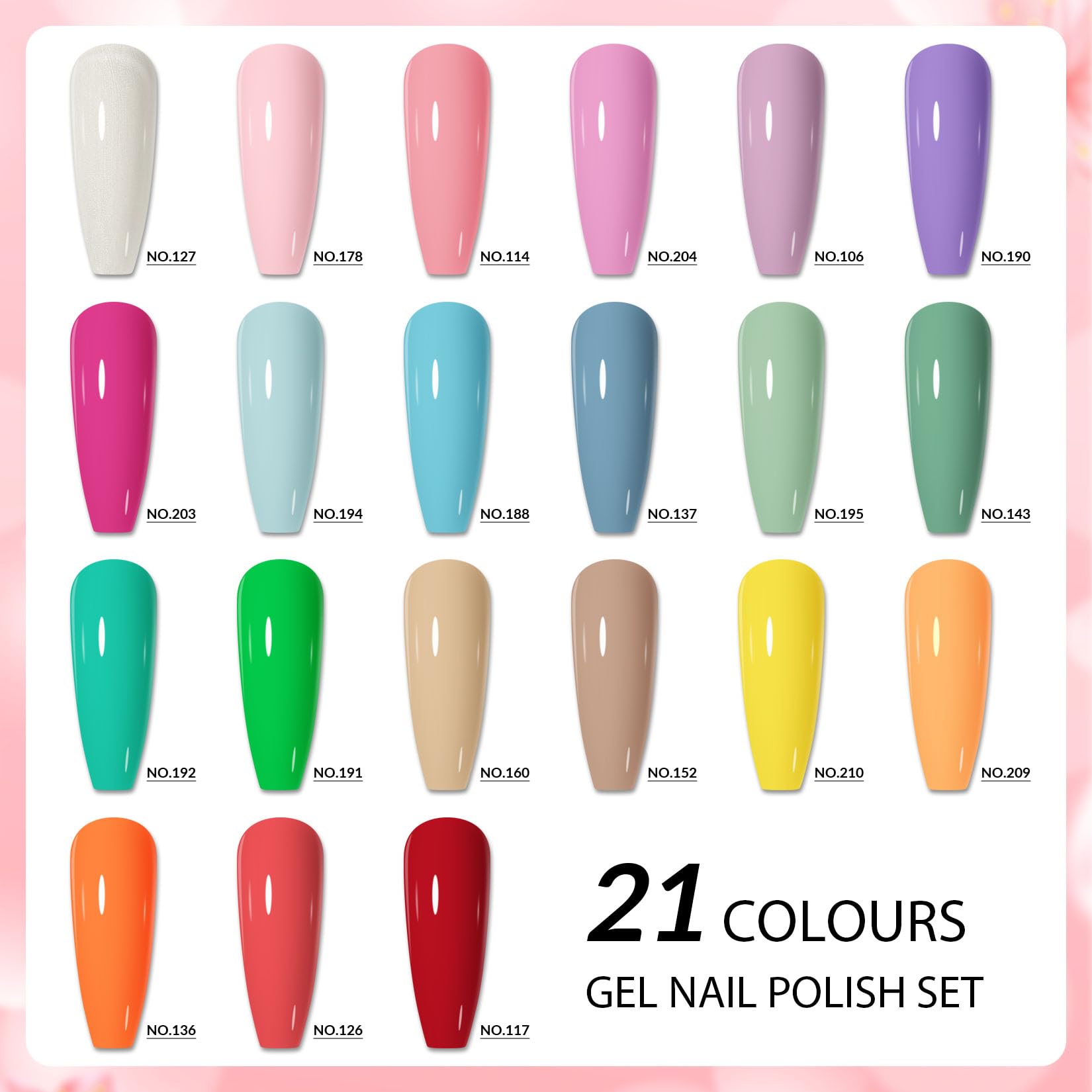 Phoenixy Gel Nail Polish, 21 Colours Nail Polish Starter Kit Soak Off Gel Polish Nail Varnish Set Base and Top Coat Gifts Set for Women
