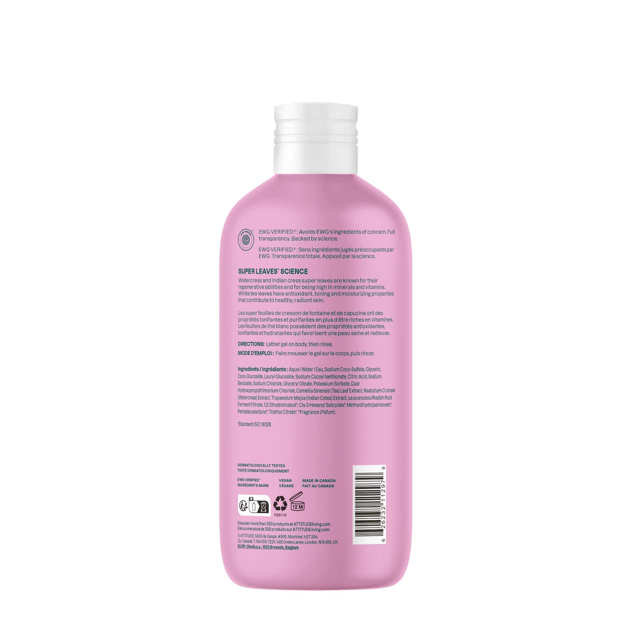 ATTITUDE Body Wash, EWG Verified Shower Gel, Dermatologically Tested, Plant and Mineral-Based, Vegan Personal Care Products, White Tea Leaves, 473 mL