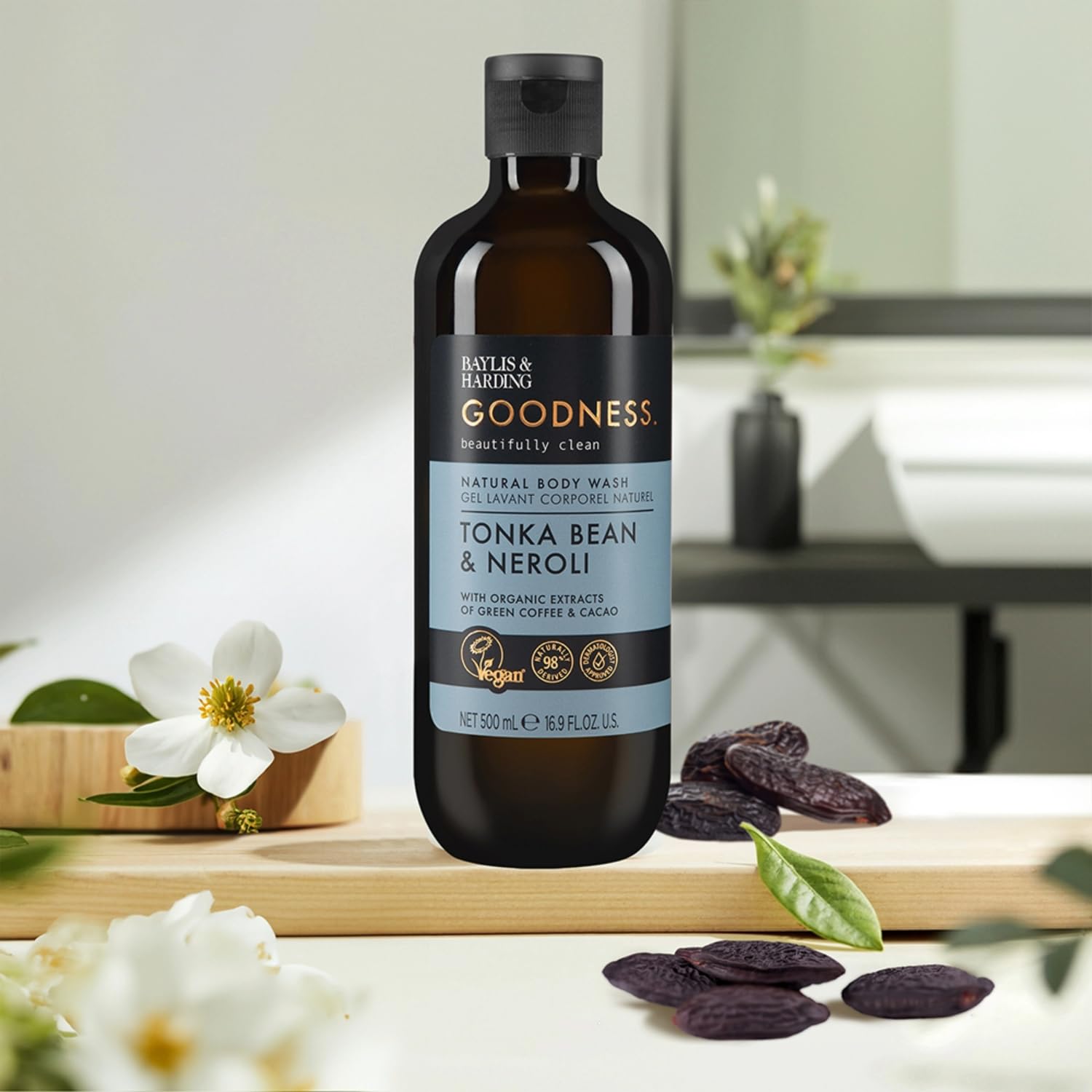 Baylis & Harding Goodness Tonka Bean & Neroli Body Wash, 500 ml (Pack of 3) - Vegan Friendly