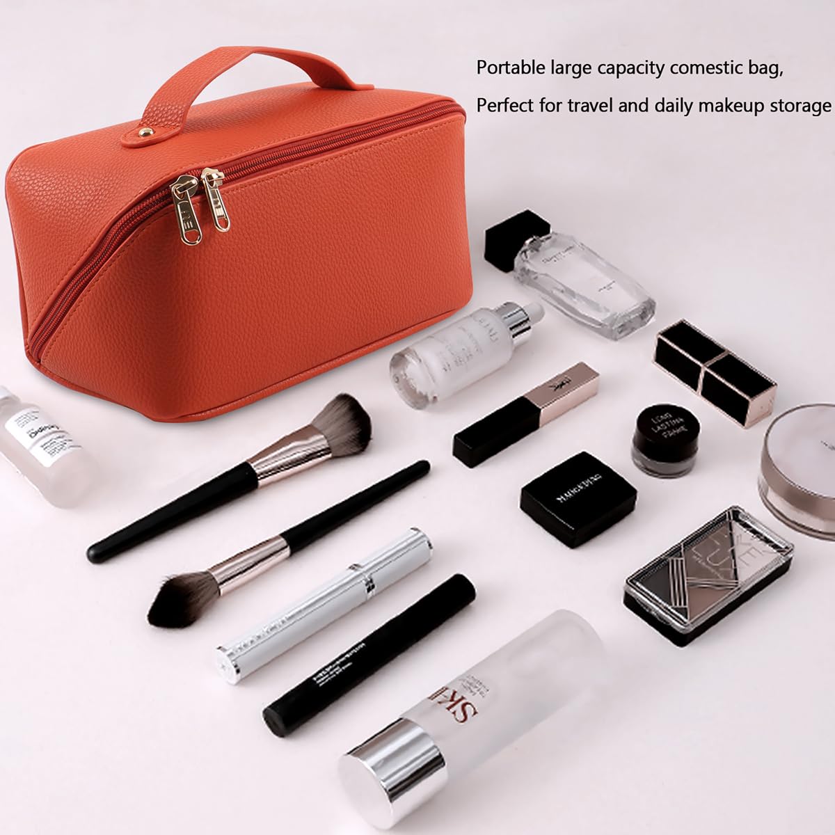 MAMUNU Large Capacity Cosmetic Bag Travel Cosmetic Storage Bag with Handle Portable Zipper Cosmetic Bag Toiletry Bag Makeup Bag Large with Compartments for Women Girls (Orange)