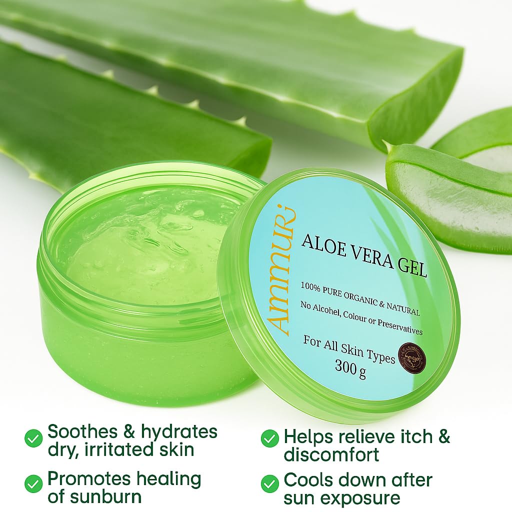 Ammuri Organic Aloe Vera Gel | 100% Pure Aloe from Freshly Cut Leaves | No Acrylates or Crosspolymers | Fast-Absorbing & Non-Sticky Formula | Hydrating & Soothing Skin Care | Big 300ml