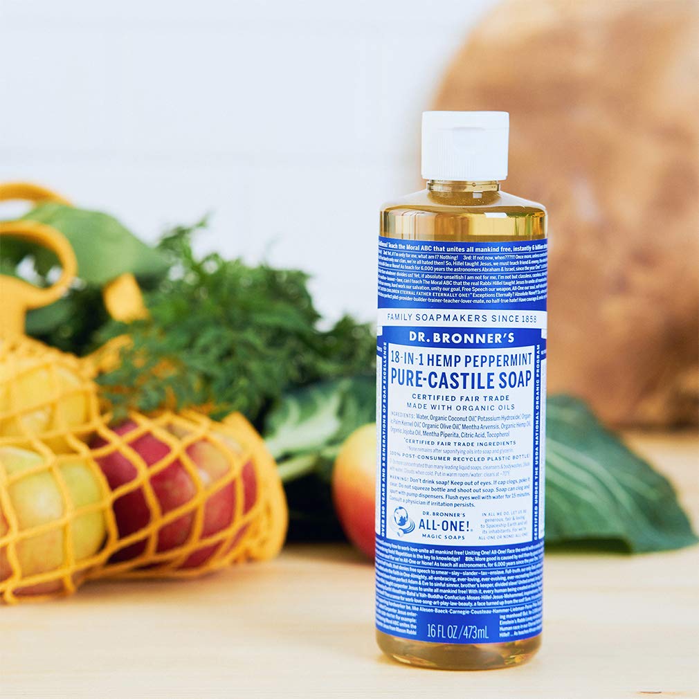 Dr. Bronner's - Pure-Castile Liquid Soap (Peppermint, 16 ounce) - Made with Organic Oils, 18-in-1 Uses: Face, Body, Hair, Laundry, Pets and Dishes, Concentrated, Vegan, Non-GMO