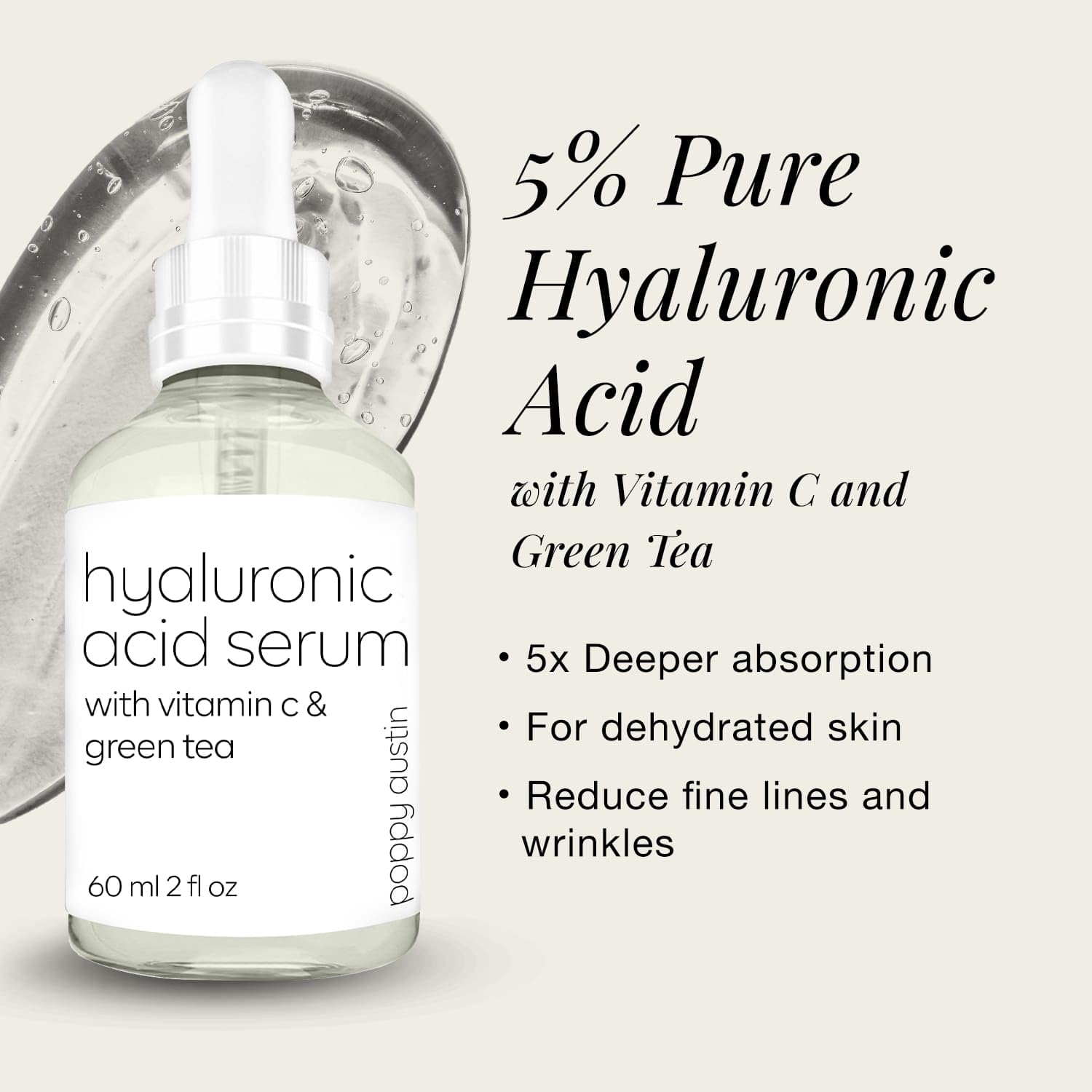 Poppy Austin 60mL Face Serum- Pure Hyaluronic Acid Serum for Face- Skin Serum for Women with Vitamin C- Vegan, Cruelty-Free Anti Aging Serum- Hydrates & Brightens Skin, Targets Fine Lines & Wrinkle