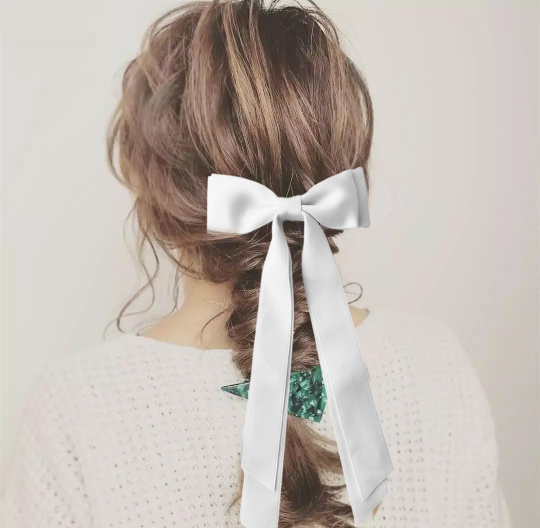 2 Pack Ribbon Bows for Hair, White Bow Hair Clips with Long Tails Hair Ribbons for Girls Women (White)