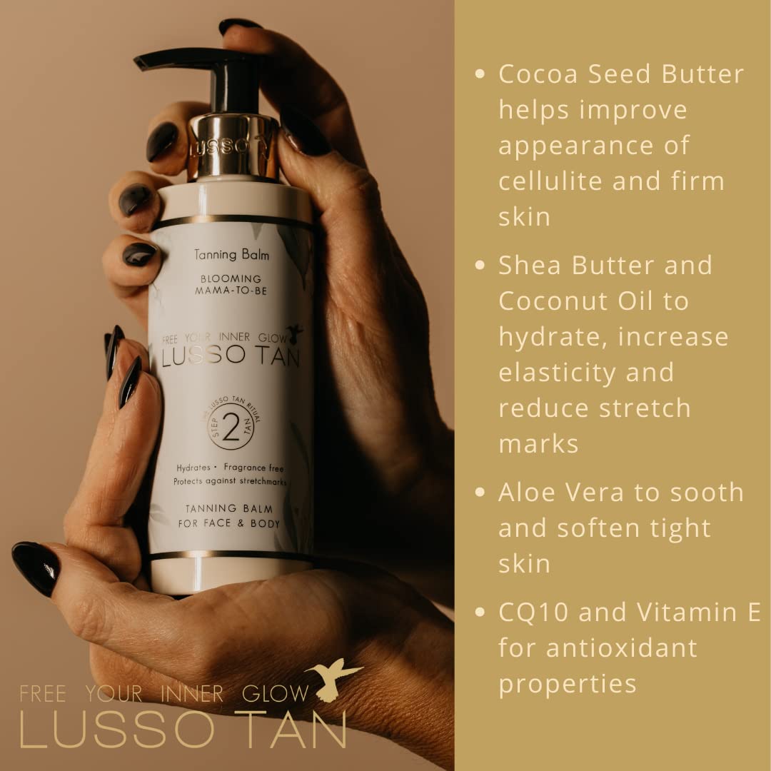 Pregnancy-Safe Self Tanner Lotion - By Lusso Tan. Helps Prevent Stretch Marks. Organic Vegan & Cruelty-Free False Tan with Vitamins. Gradual Fake Tan For Mamas-To-Be. Baby Shower Gift Ideas.