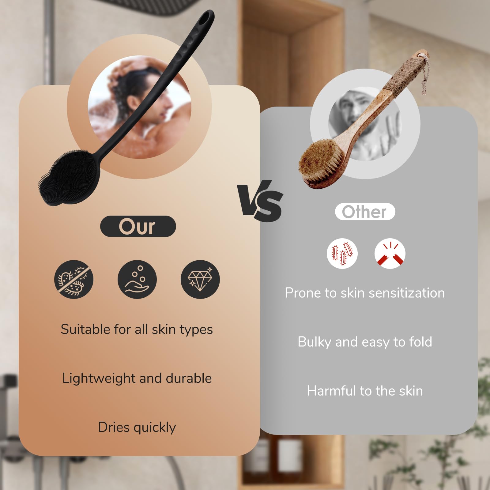 Silicone Back Scrubber for Shower With Long Handle - Improved Body Scrubber for Exfoliation and Massage, Creates More Foam - for Men and Women