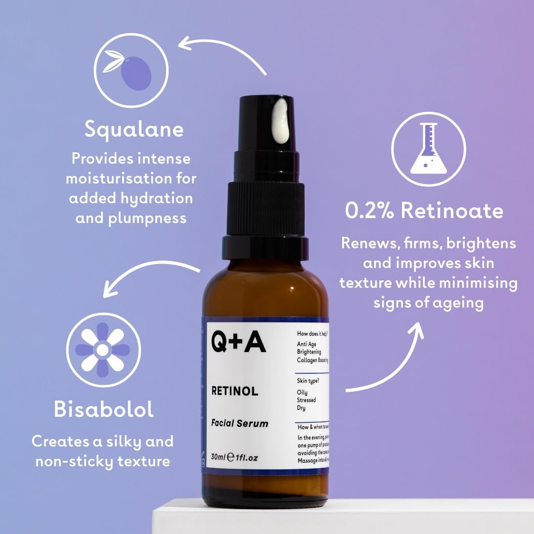 Q+A Retinol Facial Serum, with Bisabobol and Squalane to sooth the skin whilst delivering youth-boosting benefits, targets fine lines, renews uneven skin tone, and leaves skin feeling smooth, 30ml