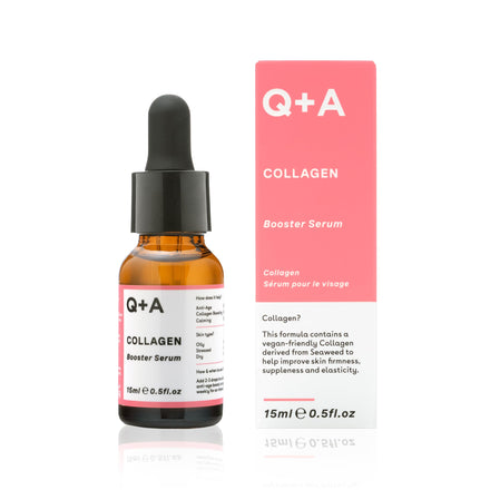 Q+A Collagen Booster Serum, a vegan-friendly serum containing a blend of vegetable Collagen, Honey Locust Seed and Algae Extracts that help tighten, smooth, and plump the skin,15ml