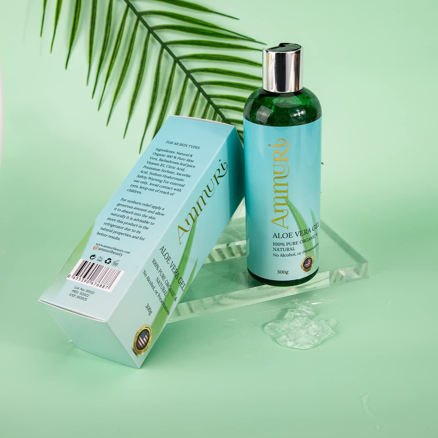 Ammuri Organic Aloe Vera Gel - 100% Pure Aloe from Fresh Leaves - Soothing Skin & Hair Care - Fast Absorbing - Non-Sticky - Large Bottle 300ML