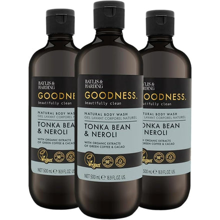 Baylis & Harding Goodness Tonka Bean & Neroli Body Wash, 500 ml (Pack of 3) - Vegan Friendly