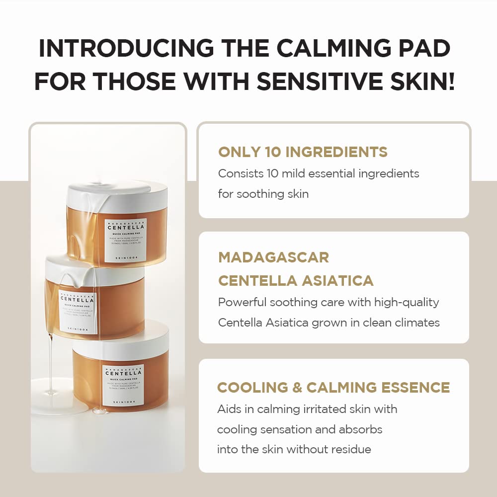 SKIN1004 Madagascar Centella Quick Calming Pad 70ea, 130ml, Quick Calming Effects Soothing for Sensitive Skin