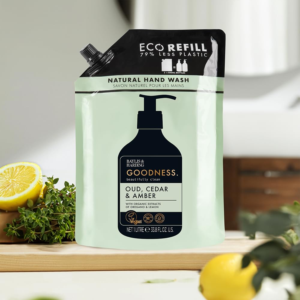 Baylis & Harding Goodness Oud, Cedar & Amber Hand Wash 1 Litre Pouch Refill (Pack of 4) - Vegan Friendly