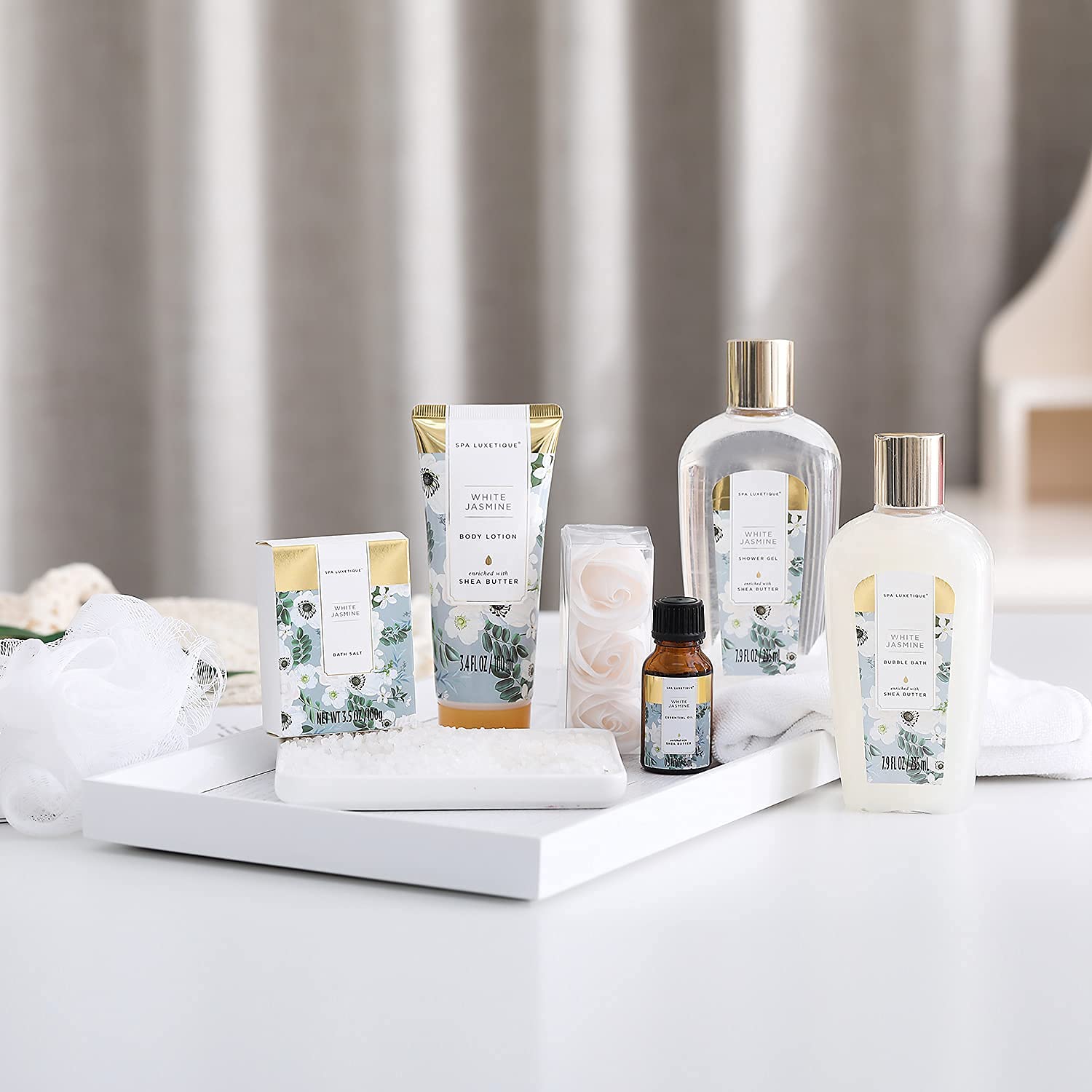 Spa Luxetique Spa Gift Set,Pamper Gift Sets for Women, 8pcs Jasmine Bath Gifts Sets with Essential Oil,Body Lotion,Bath Bombs,Mum Gifts, Mothers Day Gifts Birthday Gifts for Women Valentines Gifts
