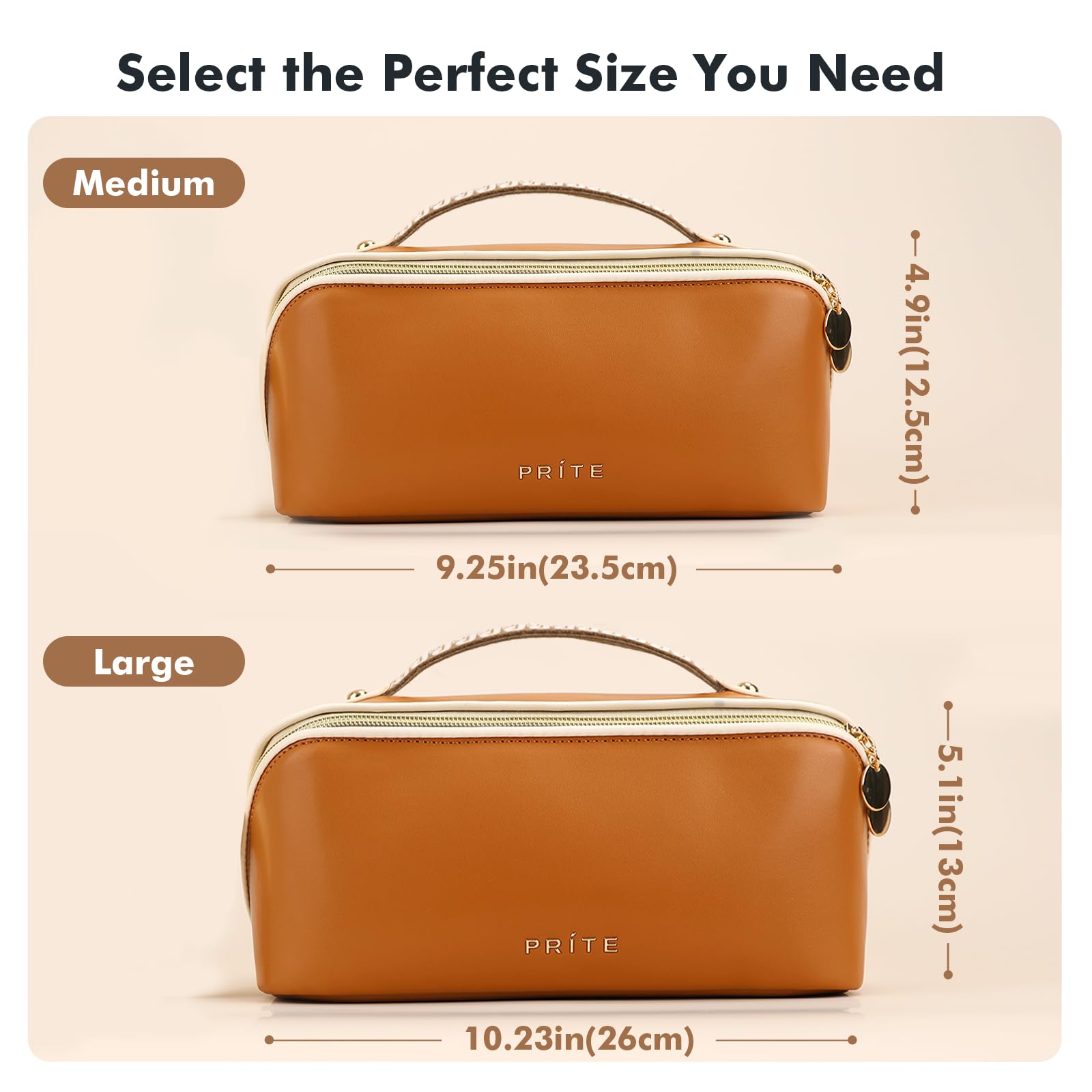 Prite Large Capacity Makeup Bag Portable Travel Cosmetic Bag Waterproof Toiletry Case with Clear Divider and Handle (Brown)