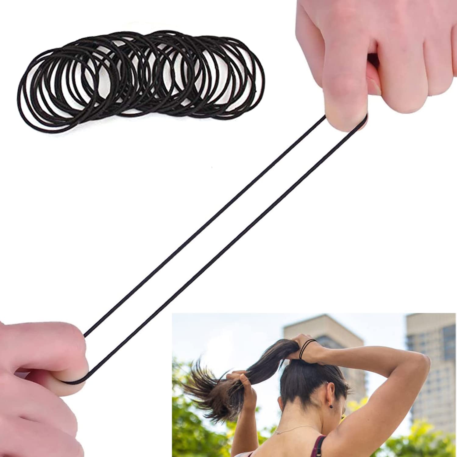50 Pcs Ouchless Womens Elastic Hair Tie, 2mm Hair Ties for Thick and Curly Hair Ponytail Holders Hair Elastic Band for Women or Men(Black)