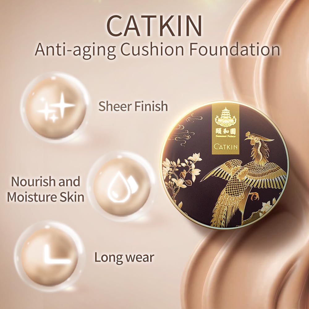 CATKIN SUMMER PALACE Foundation for Mature Skin, Full Coverage Foundation with Lightweight and Breathable Formula, Refillable Cushion, 13g*2