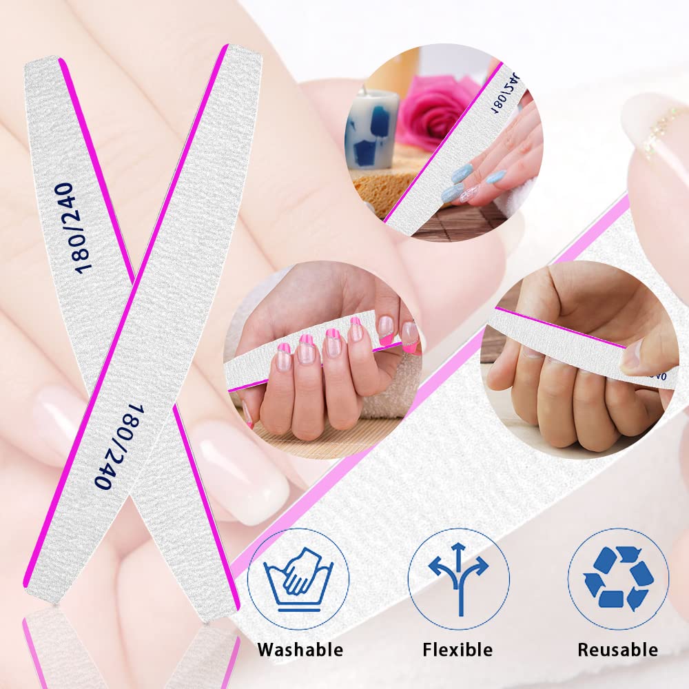 Professional Nail Files 50pcs - 180/240 Grit Double-sided Emery Board for Acrylic, Gel, or Thick Nails - Washable and Reusable